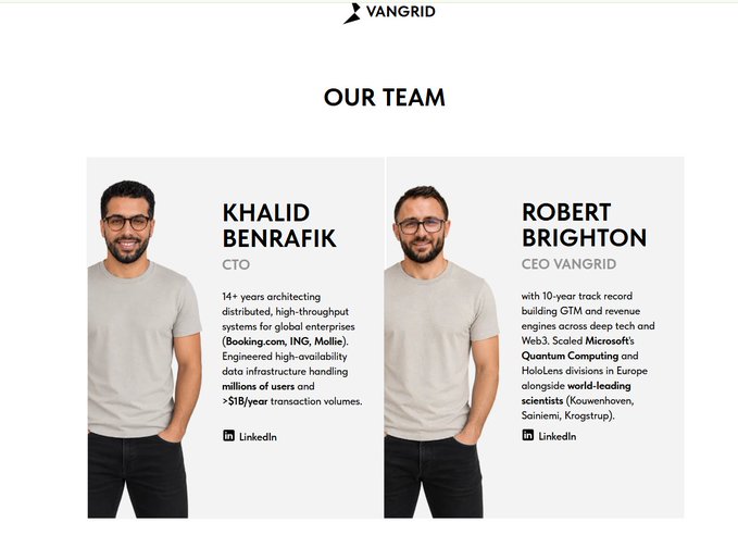 A 'VANGRID' team page featuring CTO Khalid Benrafik and CEO Robert Brighton with their professional backgrounds and LinkedIn links.