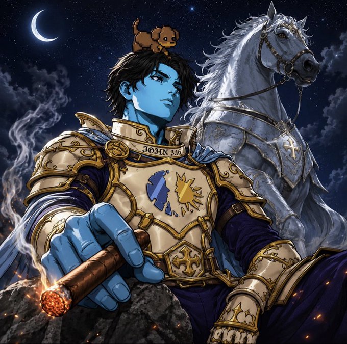 A blue-skinned warrior in ornate gold and white armor smokes a cigar while sitting next to a white horse under a starry night sky with a crescent moon; armor bears the text 'JOHN 3:16'.