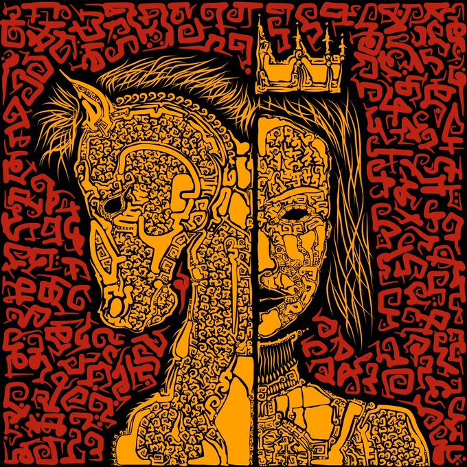 A detailed, stylized illustration in red and yellow of a skeletal figure wearing a crown, with one half showing a skull and the other showing a fleshed face, surrounded by swirling patterns.
