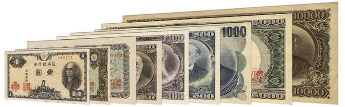 A fanned-out display of Japanese yen banknotes in denominations of 1, 100, 500, 1000, 5000, and 10000, each featuring the portrait of Fukuzawa Yukichi.