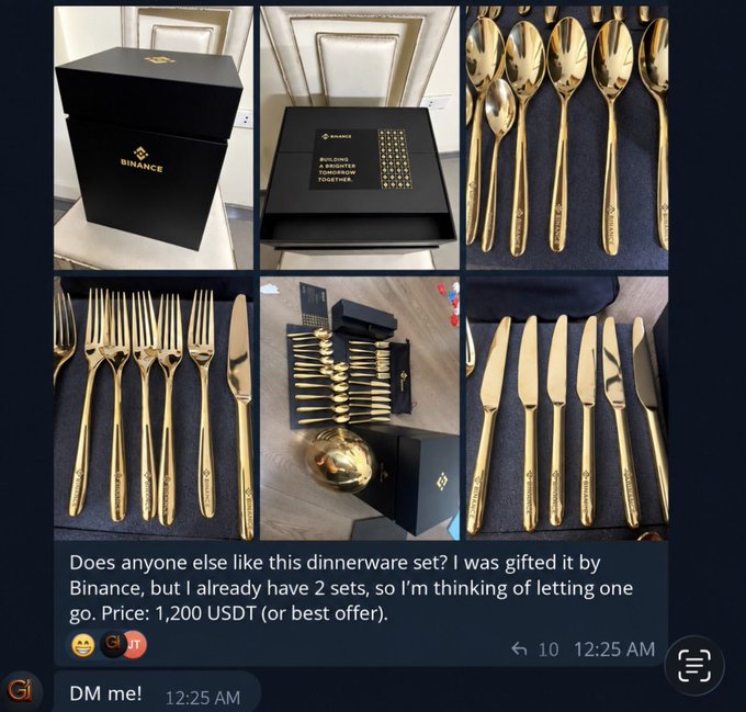 A Telegram conversation where a person shares photos of a gold-colored Binance dinnerware set, stating 'Does anyone else like this dinnerware set? I was gifted it by Binance, but I already have 2 sets, so I'm thinking of letting one go. Price: 1,200 USDT (or best offer).'