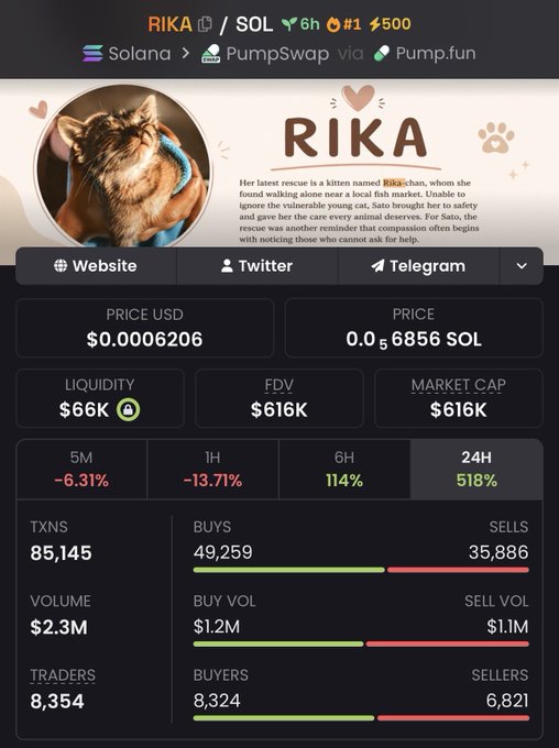 A cryptocurrency tracking page for the token 'RIKA' on Solana, priced at $0.0006206 with a FDV of $616K, showing a 518% increase in 24H.