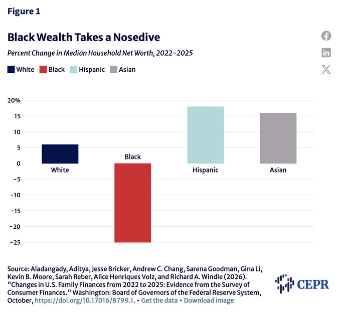The image is a CEPR bar chart titled "Black Wealth Takes a Nosedive," showing the percent change in median household net worth from 2022 to 2025 by race: Black households experienced a roughly 25% decline, while White households saw about a 6% increase, Hispanic households gained around 18%, and Asian households rose approximately 16%. The accompanying post references a "DOGE/USAID DEI crackdown," suggesting the chart illustrates how Black Americans have disproportionately lost wealth during the same period when diversity, equity, and inclusion initiatives were being dismantled by the Department of Government Efficiency and USAID.