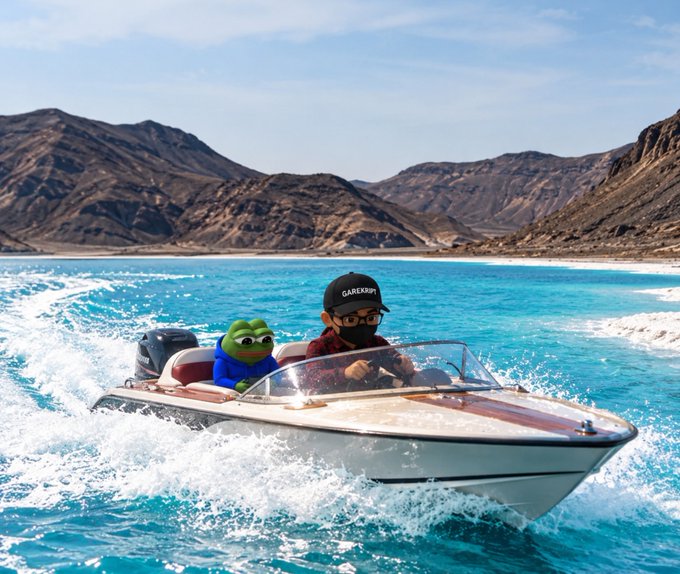 A man wearing a 'GAREKRU' cap and sunglasses drives a speedboat across turquoise water with a cartoon Pepe the Frog character as his co-pilot, with rocky desert mountains in the background.