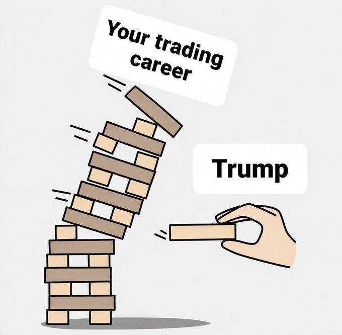 An illustration showing a Jenga tower labeled 'Your trading career' being knocked over by a hand removing a block labeled 'Trump,' suggesting Trump's actions are destabilizing trading careers.
