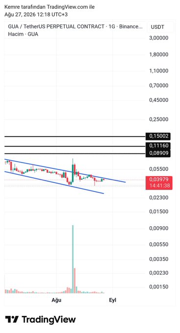 A TradingView daily candlestick chart for GUA/USDT on Binance shows the price trading in a descending wedge pattern near $0.03979, with key resistance levels marked at $0.08909, $0.11160, and $0.15002, suggesting a potential breakout setup for the $GUA token.