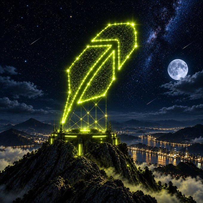 A digital illustration of a large glowing green rocket ship on a mountaintop at night, with a starry sky, full moon, and a city visible across the water below.