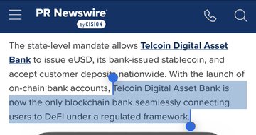 A PR Newswire article is shown with highlighted text announcing that Telcoin Digital Asset Bank has received a state-level mandate to issue eUSD, its bank-issued stablecoin, and accept customer deposits nationwide, making it the only blockchain bank connecting users to DeFi under a regulated framework. The highlighted passage emphasizes the launch of on-chain bank accounts, supporting the post's claim that Telcoin is already executing the blockchain-banking vision Morgan Stanley is predicted to follow.