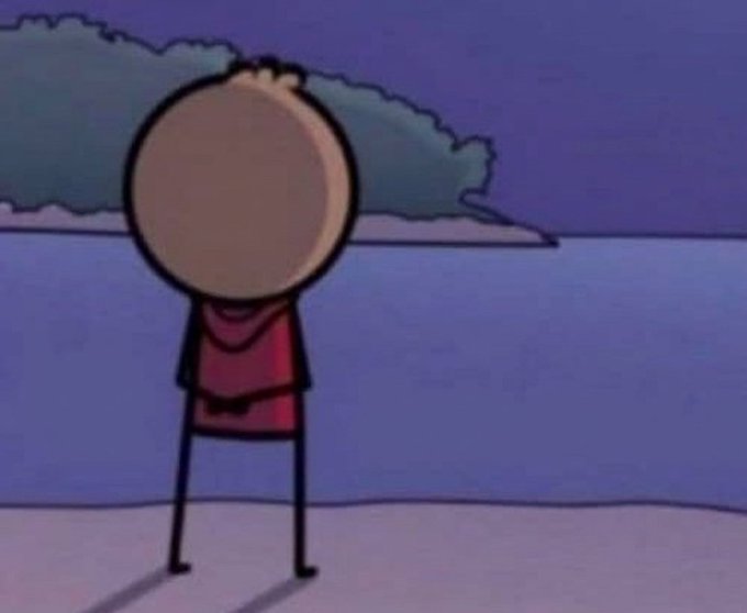 A cartoon figure with an oversized round head stands facing a calm body of water at dusk, conveying a sense of quiet contemplation. The serene, solitary scene reflects the post's introspective tone about how one's Wednesday is unfolding.