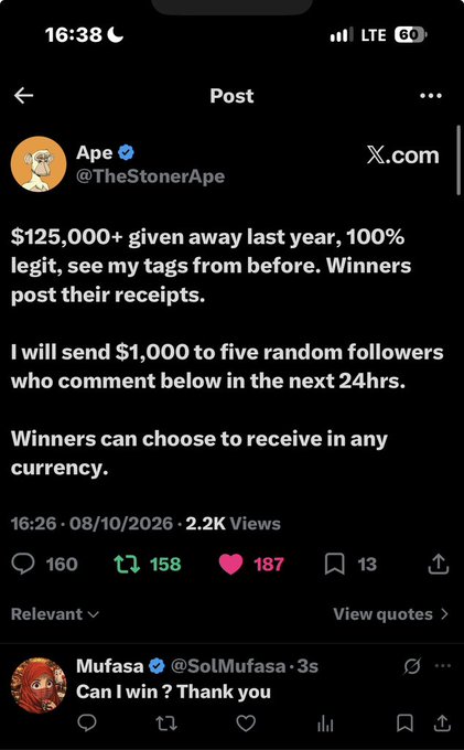 A Twitter/X post by verified user 'Ape @TheStonerApe' offers to send $1,000 to five random followers who comment, claiming $125,000+ given away last year.