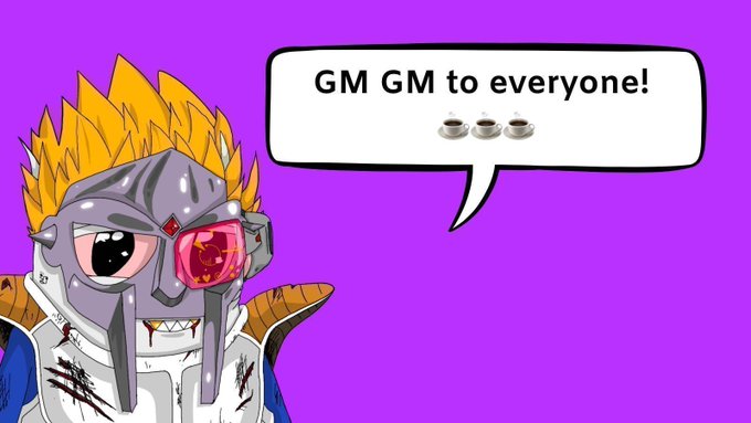 A cartoon knight character with spiky yellow hair and a red gem on its helmet says 'GM GM to everyone!' accompanied by coffee emojis against a purple background.