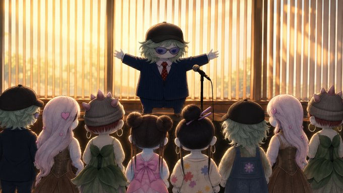 A stylized illustration of a small figure in a suit, sunglasses, and cap standing at a microphone with arms outstretched, addressing a row of dolls or small figures with their backs turned, bathed in warm sunset light.