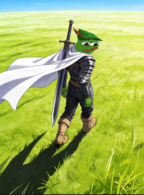 An anime-style illustration of Pepe the Frog dressed as a knight, wearing a green beret, dark armor, a flowing white cape, and carrying a large sword on his back while walking through a grassy field.