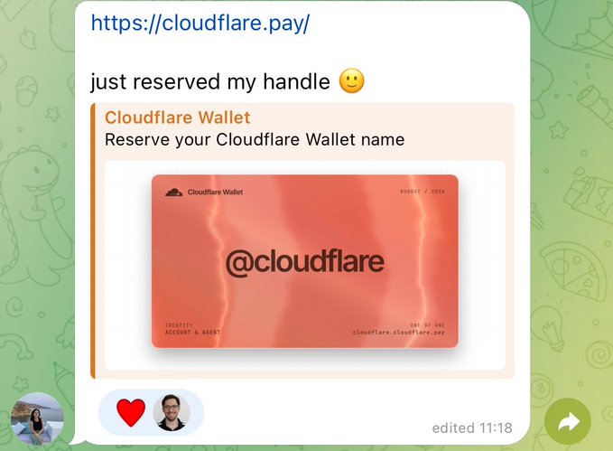 A Cloudflare Wallet card is displayed showing the reserved handle "@cloudflare" with the text "just reserved my handle" and a smiling emoji above it. The image relates to the post by illustrating a tech company reserving a username on a name service, contrasting with the criticism of ENS Labs leadership in the caption.
