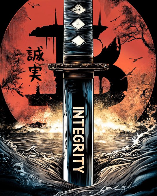 A dramatic illustration featuring a katana sword pointing downward with the word 'INTEGRITY' on the blade, set against a red sun background with Japanese kanji characters (誠実) meaning 'sincerity/honesty'.
