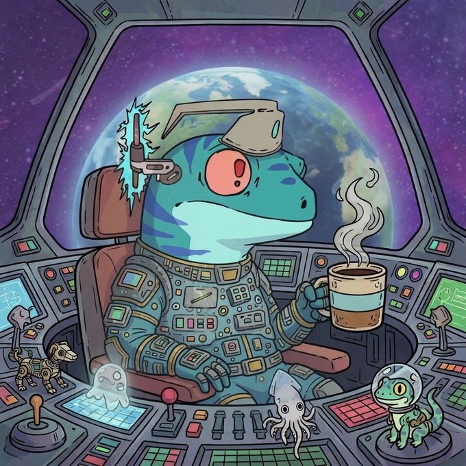 A cartoon illustration of a blue dinosaur-like astronaut wearing a spacesuit and helmet, sitting in a spaceship cockpit while holding a steaming mug, with Earth visible through the window and small creatures around the control panel.