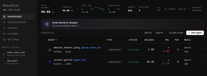 The image shows a dashboard for "Houston," a bot trading platform, displaying a portfolio balance of 44.61 tIA, treasury of 44.98 tIA, and 2 active agents including "dealer_doesnt_play" and "silent-glitch" with a total PNL of +0.78 tIA. The interface allows users to manage AI trading agents (built on Qwen3-32B) that operate 24/7, illustrating the vibetrading arena described in the post where users deploy autonomous agents to trade on their behalf.