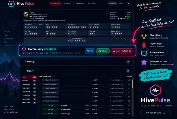 A screenshot of the HivePulse dashboard showing cryptocurrency mining statistics, including Hive Price, Hive Power, and Earnings history, with a highlighted 'Community Feedback' section encouraging users to share ideas and report bugs.