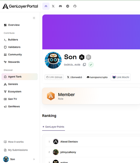 GenLayer Portal profile page showing a user named 'Son' with address 0x091b...4c0b, displaying Member role and a GenLayer Points leaderboard.
