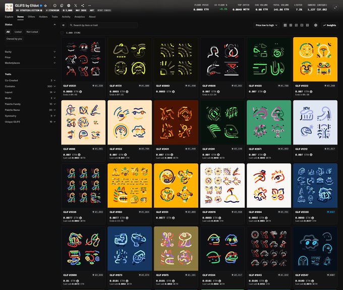 Screenshot of an NFT marketplace page for 'GLFS by Efdost' on a platform (looks like Tensor or similar), showing a grid of colorful digital artwork collections with their floor prices in ETH.
