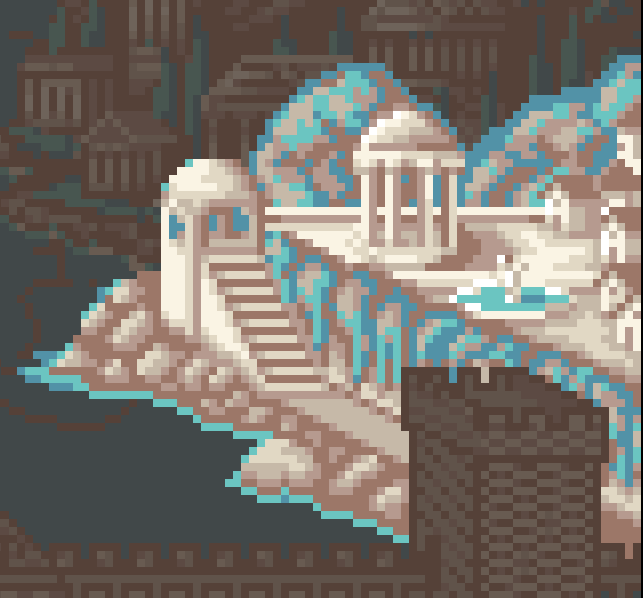 A pixel art style image depicting an icy castle or fortress structure in a snowy mountain landscape.