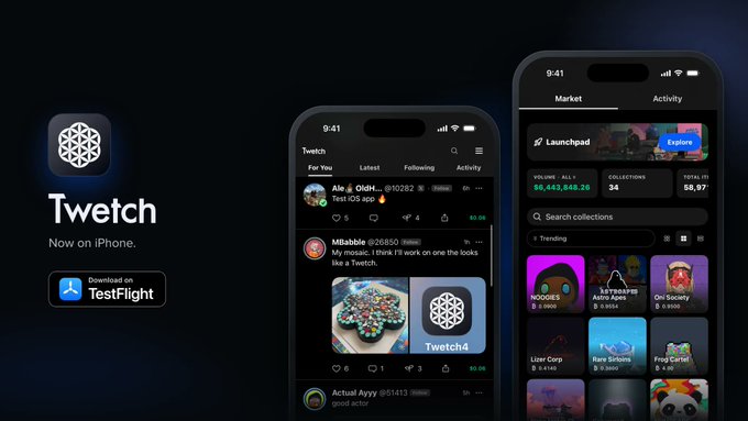 A promotional image for the 'Twtch' app, showing mobile screens with social feeds, NFT collections, and market activity, available on iPhone via TestFlight.