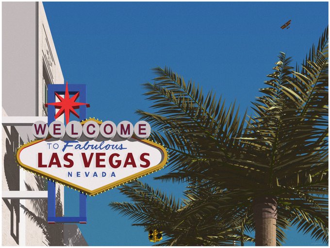 The iconic 'Welcome to Fabulous Las Vegas Nevada' sign stands against a clear blue sky, framed by palm tree fronds on the right side.