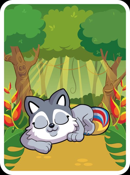 A cartoon illustration of a sleeping husky puppy with a rainbow-colored curled tail, resting on a dirt path in a lush green forest with trees, vines, and orange tropical flowers.