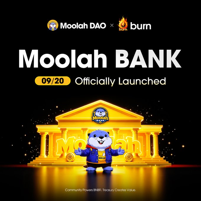 A promotional graphic announcing that **Moolah BANK** officially launched on **09/20**, featuring the **Moolah DAO** mascot in a gold-lit bank setting alongside a partnership with **Burn**, with the tagline *"Community Powers BNBFi. Treasury Creates Value."* — directly visualizing the post's announcement of the launch as the first product of the Community Capital Layer.