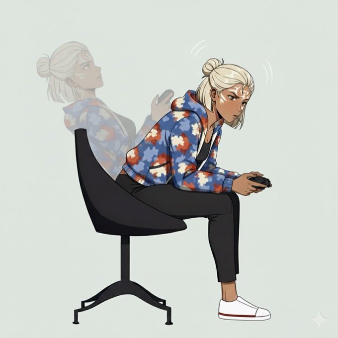 A digital illustration of a white-haired woman with a bun, wearing a blue floral hoodie and black pants, sitting on a black office chair while intensely playing a video game with a controller.