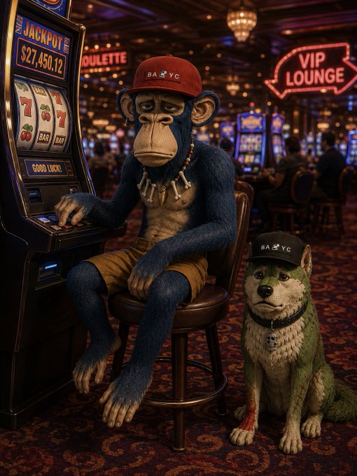 A Bored Ape-style character wearing a 'BAYC' cap and a bone necklace sits at a slot machine in a casino with a 'VIP LOUNGE' sign, accompanied by a green dog.