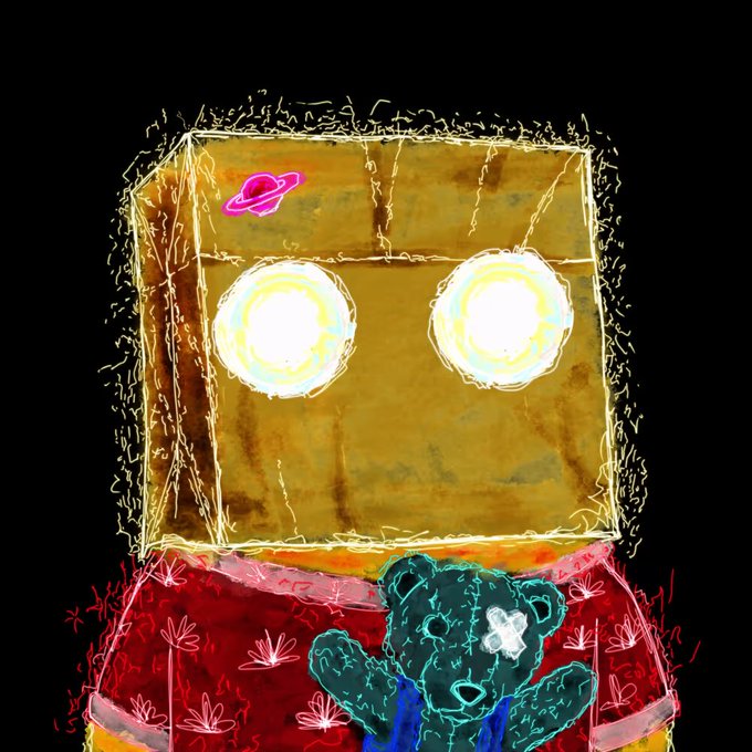 The image is a stylized digital illustration featuring a character with a brown cardboard box for a head, two glowing circular eyes, and a small pink planet sticker on the upper left corner. The box-headed figure is holding a green teddy bear and wearing a red floral shirt, aligning with the playful crypto community aesthetic of the "Penni" giveaway announcement.
