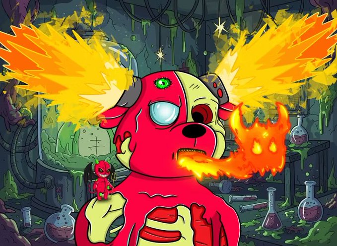 A vibrant cartoon illustration of a red, demonic-looking creature breathing fire, with yellow flame-like wings and a small devil figure on its shoulder, set in a slime-covered laboratory.