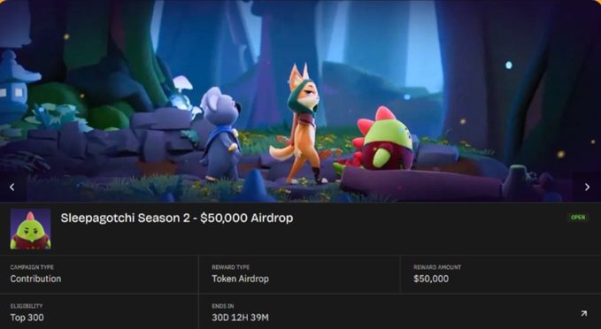 A screenshot of a Sleepagotchi Season 2 contest with a $50,000 token airdrop, featuring an animated scene of two cartoon characters in a forest, with details including a Contribution campaign type and eligibility for the Top 300 participants.