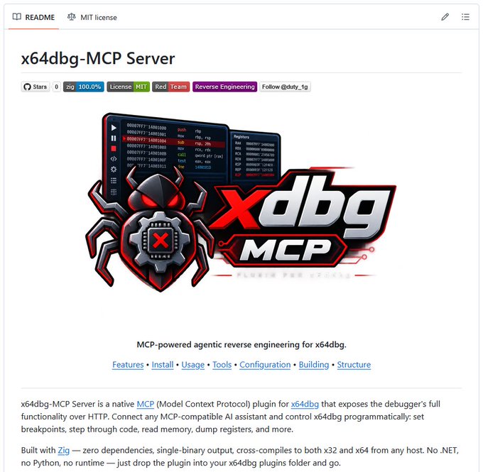 GitHub repository page for 'x64dbg-MCP Server,' a native MCP (Model Context Protocol) plugin for x64dbg that enables agentic reverse engineering via HTTP, allowing AI assistants to set breakpoints and control the debugger programmatically.