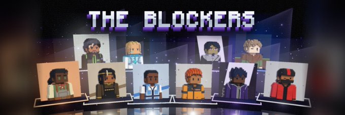 A pixel art banner titled 'THE BLOCKERS' displaying nine stylized character portraits arranged in two rows against a dark starry background.