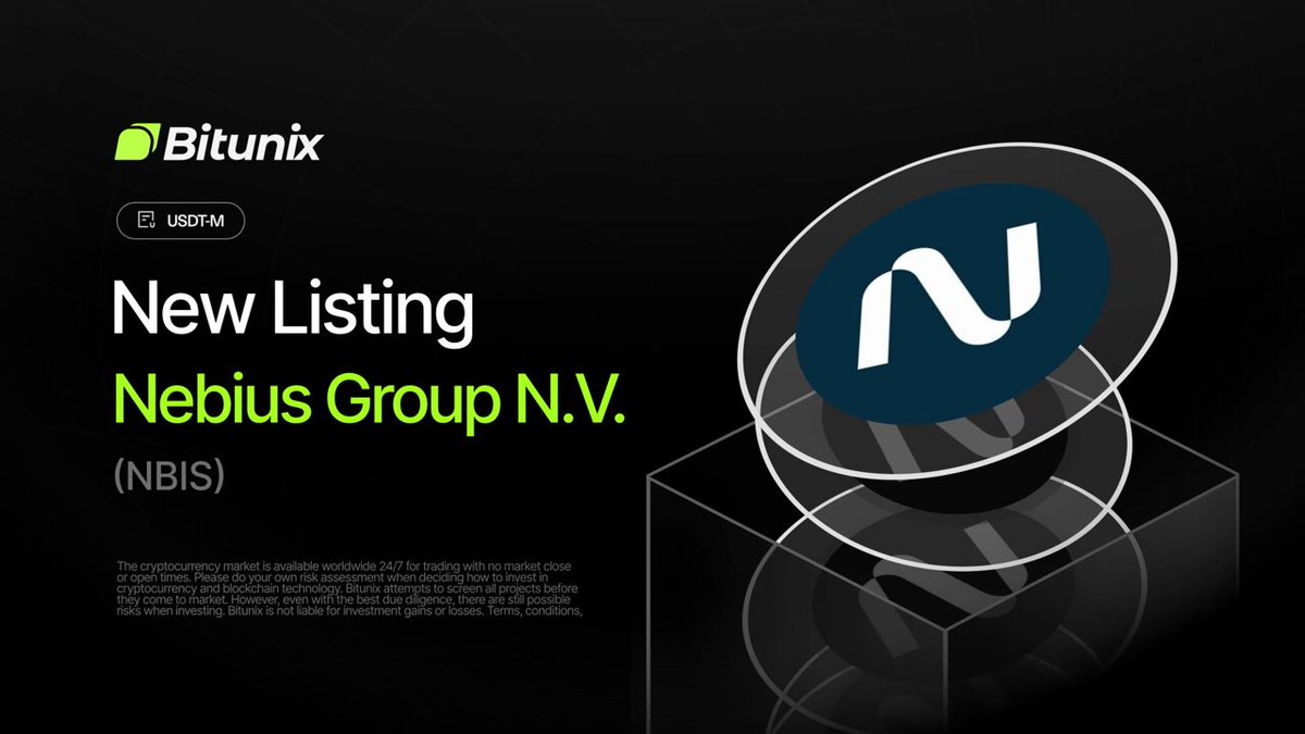 The image features a black background with a white circle containing the letters "N" and "B", which are part of a logo for Bitunix Futures. The text below the logo reads, "New Listing: Nebius Group N.V." This indicates that there is a new listing or trading opportunity related to the nebius group on bitunix futures.