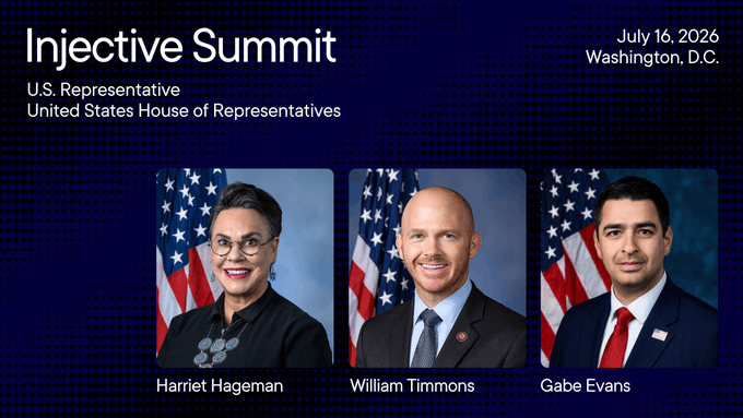 The image features three people standing next to each other against an American flag backdrop, all wearing suits and ties. The text at the bottom of the image reads "Injective Summit" followed by a list of names including "Harriet Hageman", "William Timmons", and "Gabe Evans".