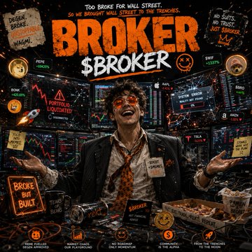 A trading card-style graphic titled 'BROKER $BROKER' featuring a disheveled man in a suit screaming, with text 'Too BROKE FOR WALL STREET. So WE BROUGHT WALL STREET TO THE TRENCHES.'