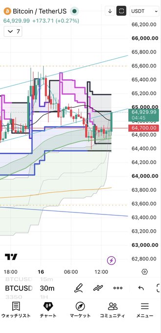 Bitcoin/TetherUS (BTCUSDT) trading chart on TradingView displaying a candlestick graph at $64,929.99 (+0.27%) with Japanese interface options for timeframes and chart tools.