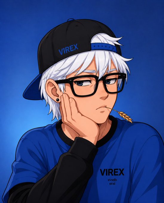 An anime-style illustration of a young man with white hair, blue eyes, and black-rimmed glasses, wearing a blue and black 'VIREX' shirt and cap, with a piece of wheat in his mouth.