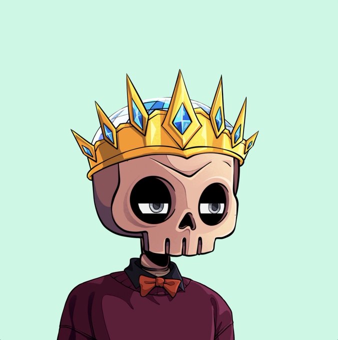 A cartoon illustration of a skull-headed character wearing a golden crown with blue gems and a maroon shirt with a red bow tie, set against a light teal background.