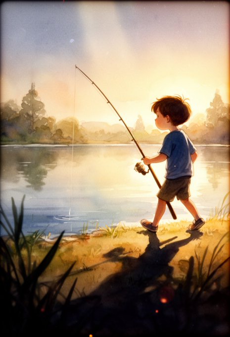 A watercolor-style illustration of a young boy in a blue shirt and shorts fishing by a serene lake at sunset.