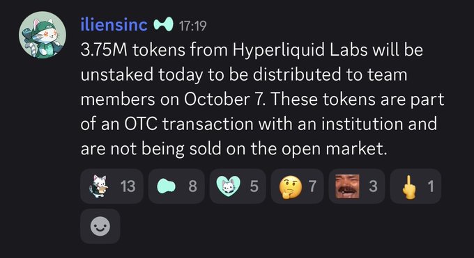 A Discord message from user "iliensinc" at 17:19 announces that 3.75M tokens from Hyperliquid Labs will be unstaked and distributed to team members on October 7 as part of an OTC transaction with an institution, not a market sale. This directly supports the speculation about a ~$29M per-person payday, as the image shows the source announcement detailing the token distribution that would enable such team payouts.