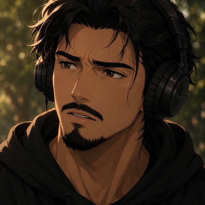 An anime-style digital illustration depicts a young man with dark hair, a beard, and large black headphones, wearing a black hoodie against a blurred background.