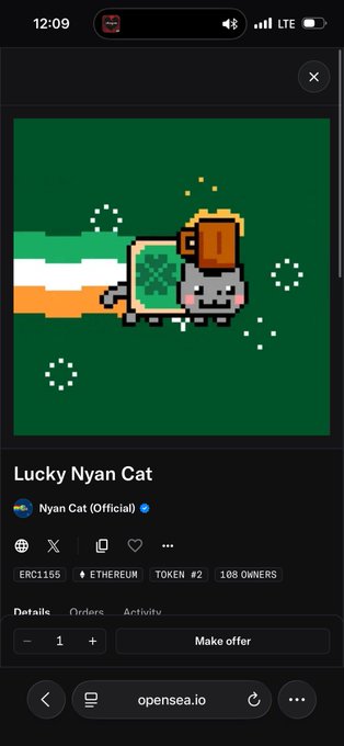 A screenshot of the OpenSea NFT marketplace showing the "Lucky Nyan Cat" listing (ERC1155, Ethereum, Token #2, 108 Owners) from Nyan Cat (Official), depicting the iconic pixelated cat flying through space with a trailing rainbow against a green background. The post relates to this image as the user has just reacquired this Lucky Nyan Cat NFT.