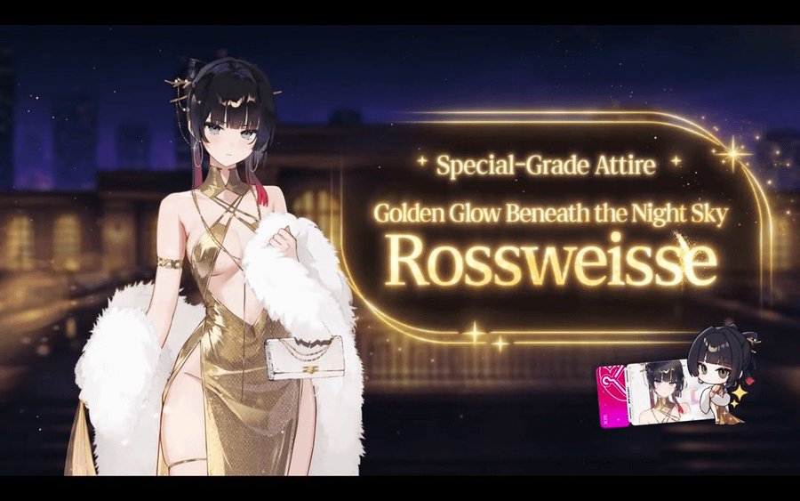 An anime-style character named 'Rossweisse' is displayed wearing a 'Special-Grade Attire' golden gown with a white fur stole, titled 'Golden Glow Beneath the Night Sky'.