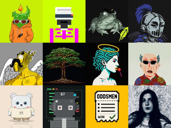A 4x3 grid collage of various stylized digital art images, including a frog in a hoodie, a pixelated character, a tree, a Greek-style statue, a teddy bear, and an 'ODDSMEN WIN' ticket.
