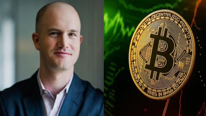 A split image showing a man in a suit on the left and a Bitcoin coin with stock chart background on the right, suggesting a news article about Bitcoin or cryptocurrency.