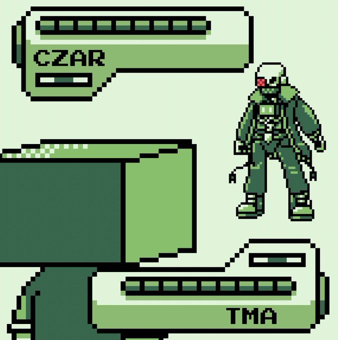 Pixel art showing a green-toned character sprite labeled 'CZAR' with dialogue boxes and a label 'TMA' in the corner.